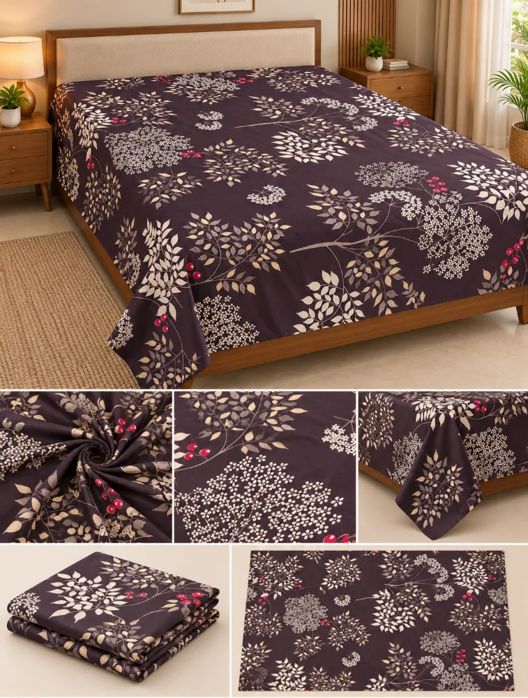 Dark Brown Cotton Printed Double Bed King Size Bedsheet