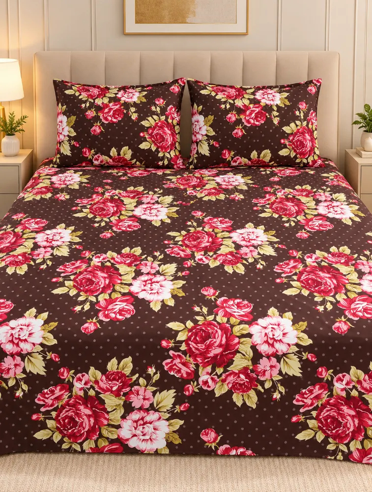 Dark Brown 90 x 100 Inches Cotton Printed Double Coat Queen Size Bedsheet with 2 Pillow Covers