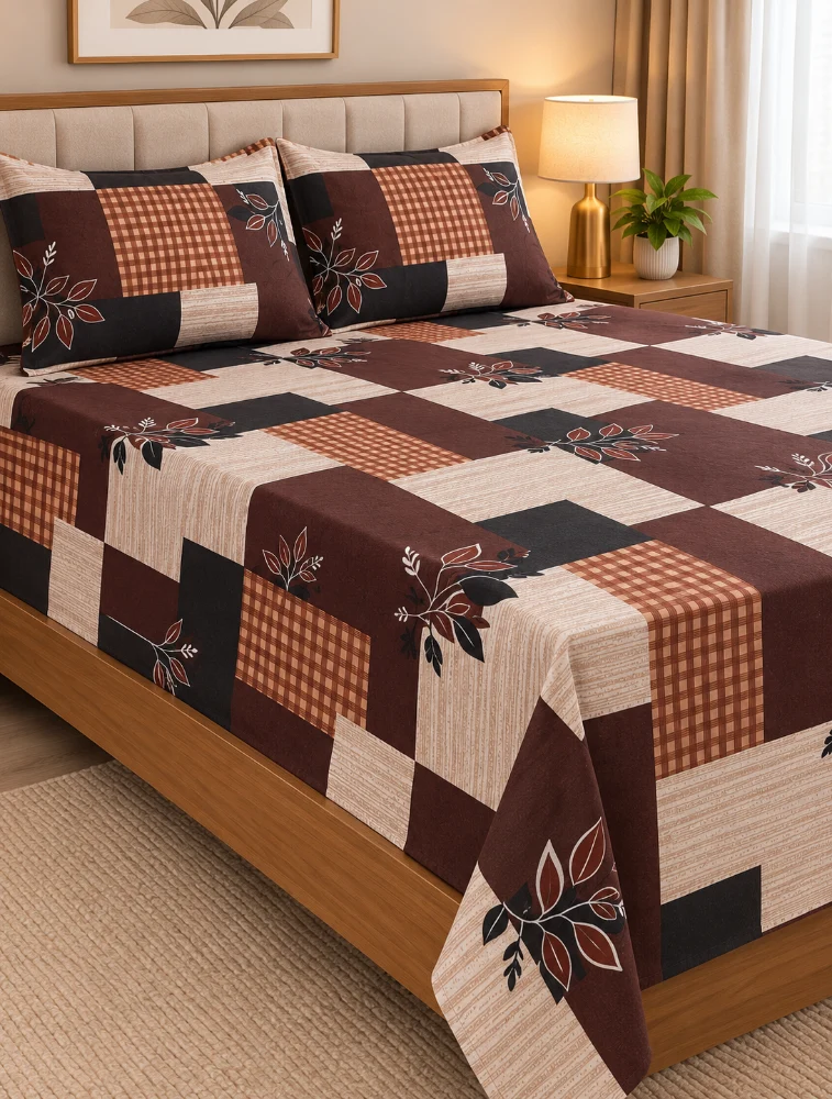 Dark Brown Cotton Printed Double Coat Queen Size Bedsheet with Pillow Cover
