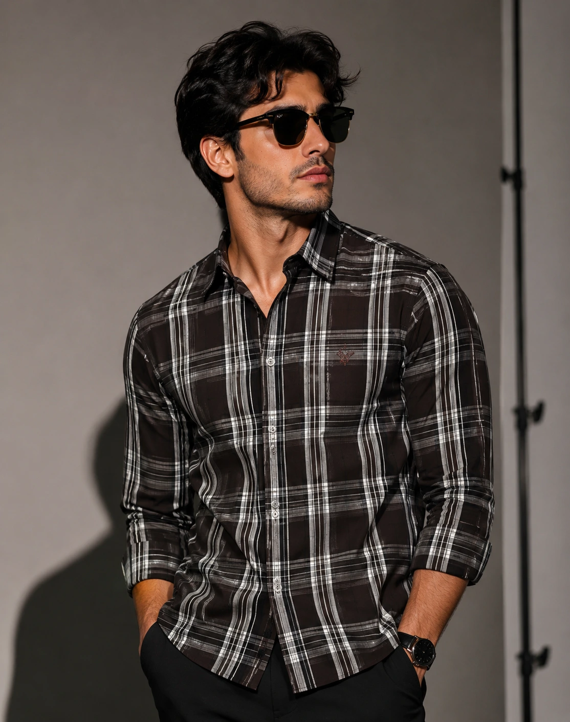 Dark Brown and Black Plaid/Checkered Shirt with White and Gray Stripe Men's Cotton Full Sleeve Check Shirt