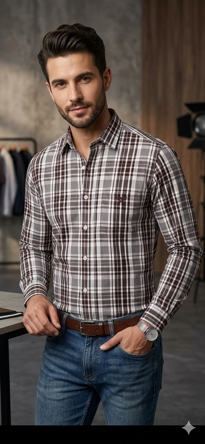 Dark Brown and White Men's Full Sleeve Check Shirt