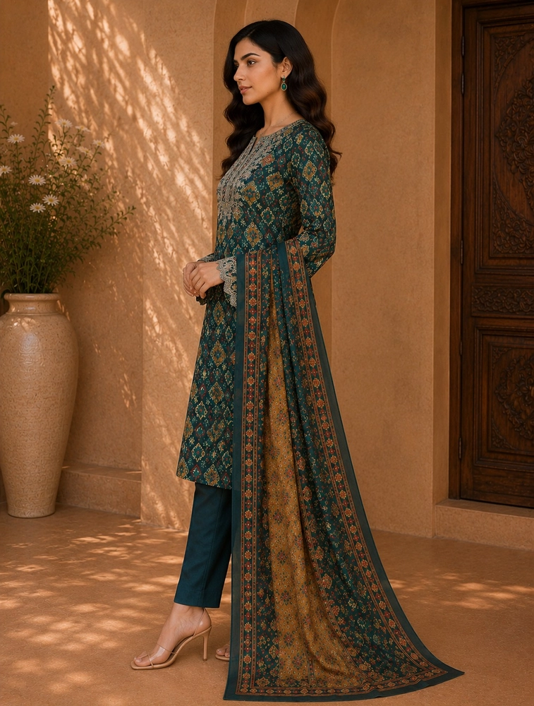 Dark Green  Womens Printed Kurta Set With Dupatta  