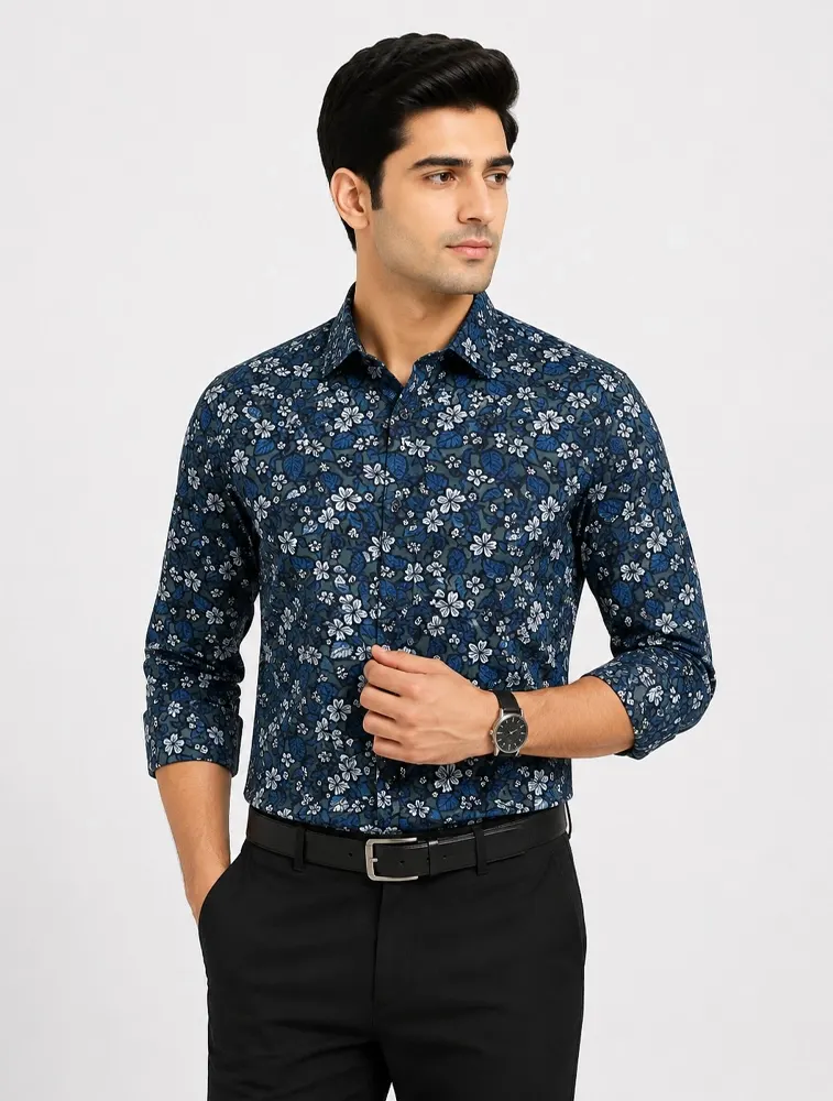 Dark Green Blue  Mens Printed Casual Cotton Shirt   