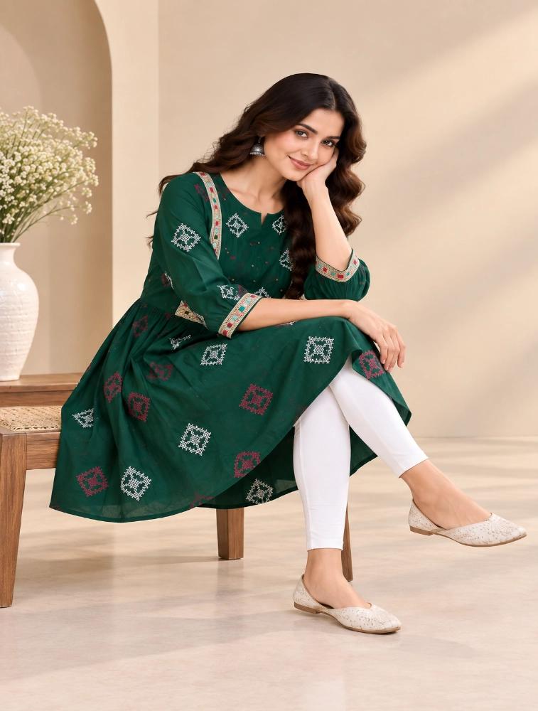 Dark Green Womens Elegant Floral Printed Casual Top