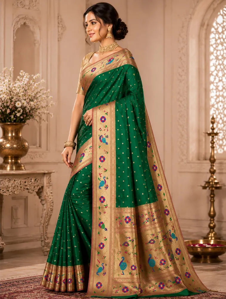 Dark Green Womens Premium Semi Paitani Sarees With Flower Broder