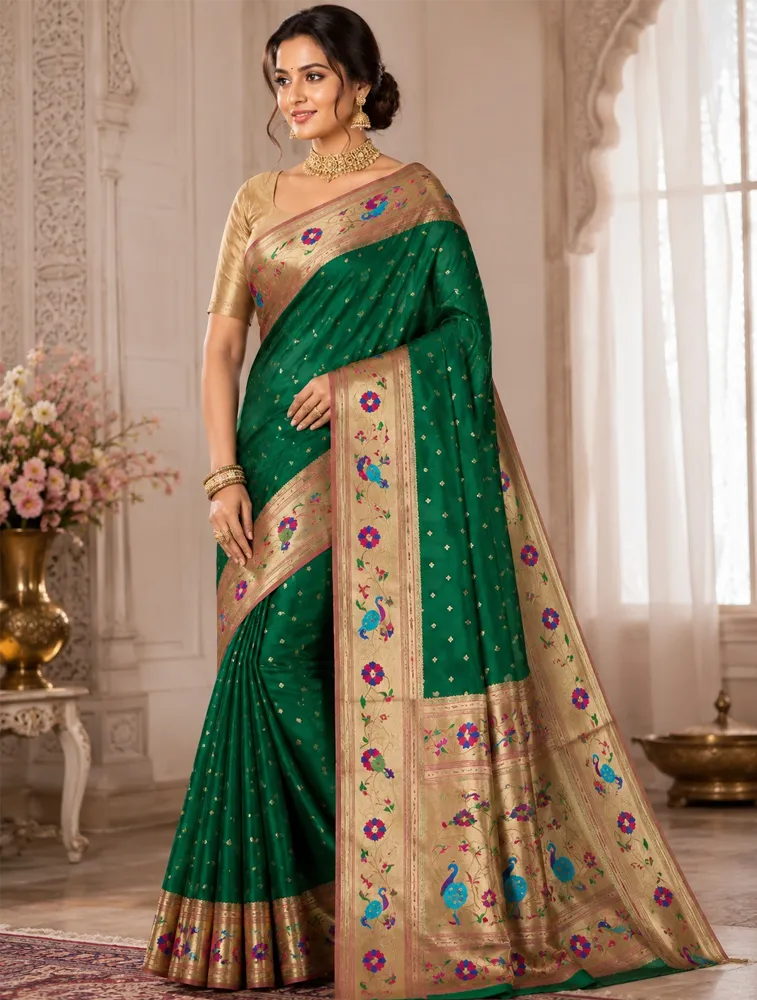Dark Green Womens Premium Semi Paitani Sarees With Flower Broder