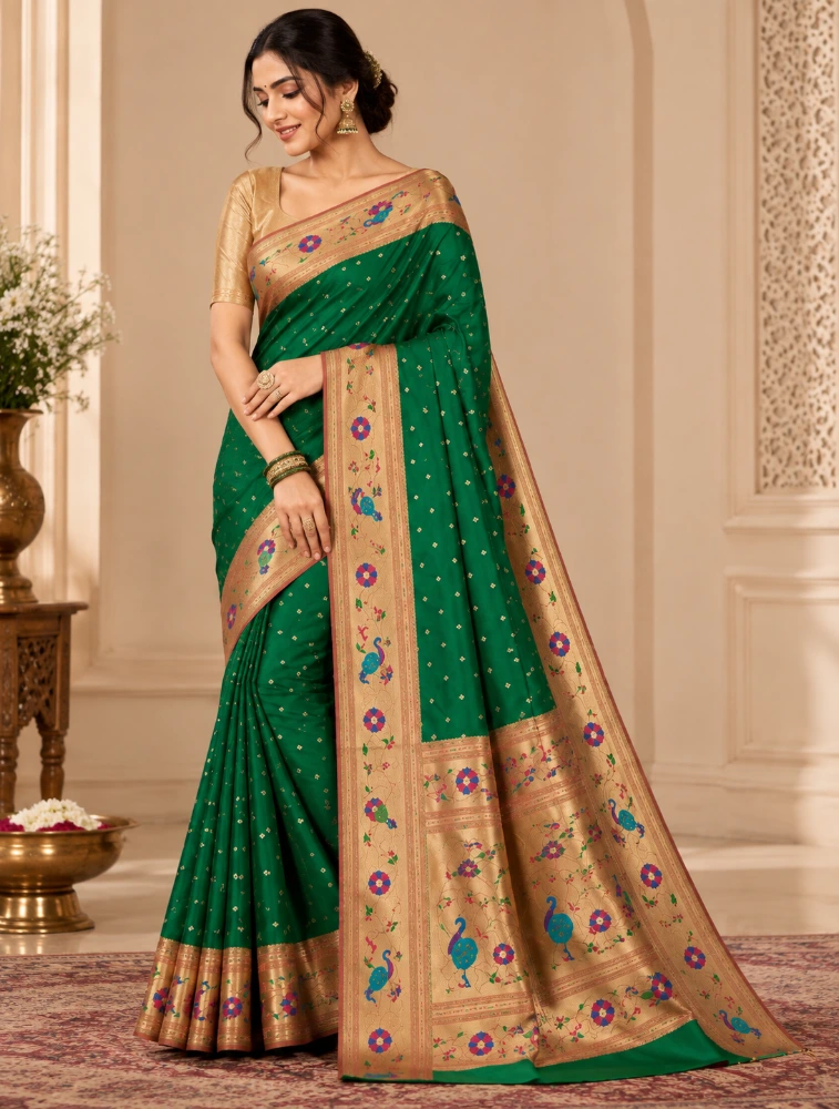 Dark Green Womens Premium Semi Paitani Sarees With Flower Broder