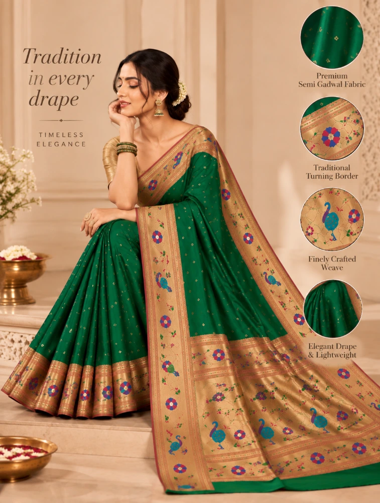 Dark Green Womens Premium Semi Paitani Sarees With Flower Broder