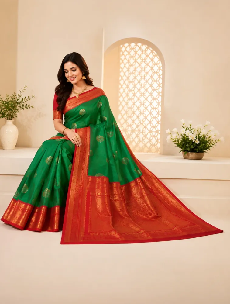 Dark Green Womens Royal Jarri Soft Silk Sarees — bulk from ₹1787