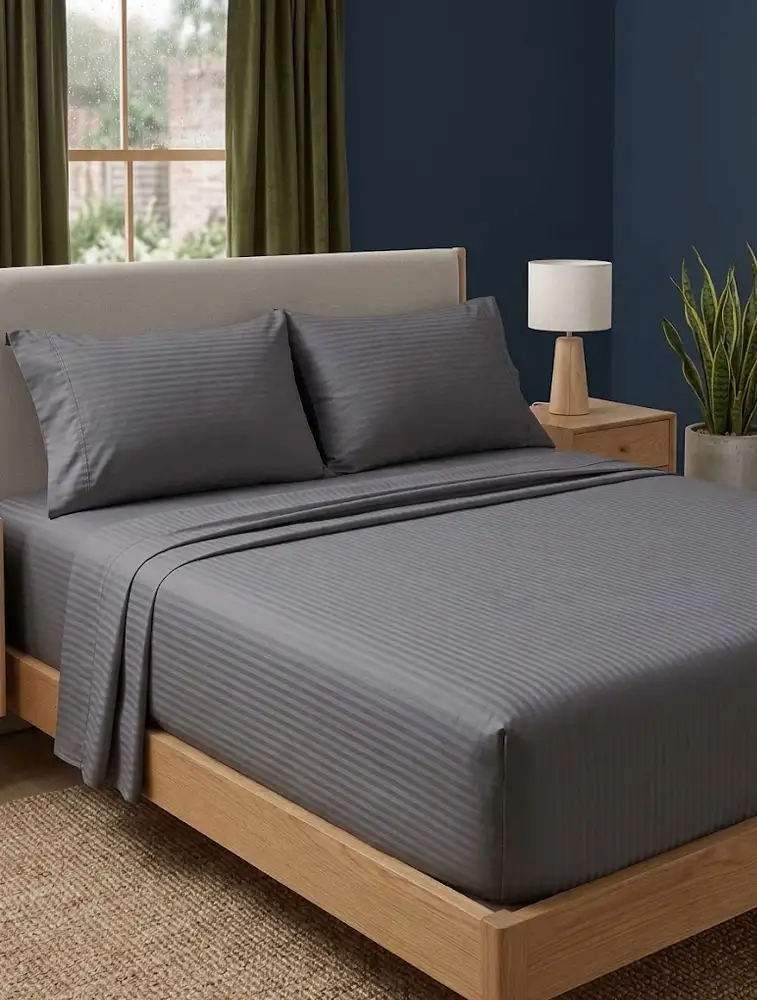 Dark Grey Cotton 110 GSM 300 TC Queen Size Bedsheet Set with Pillow Cover 