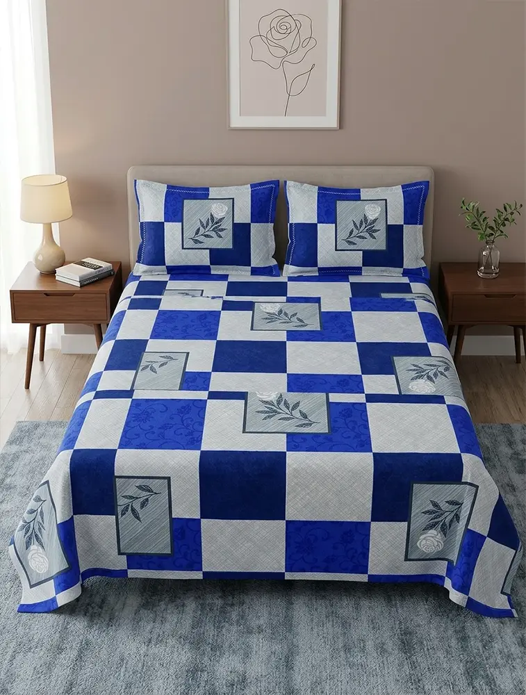 Dark Grey Cotton Printed Double Bed Queen Size Bedsheet