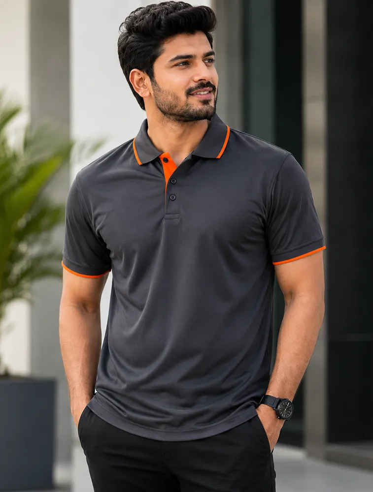 Dark Grey Mens Dri Fit Mars 200 GSM Polo T Shirt with Orange Tipping