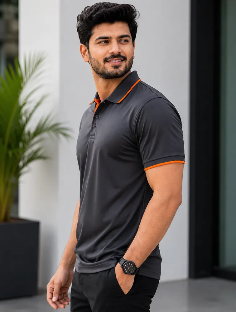 Dark Grey Mens Dri Fit Mars 200 GSM Polo T Shirt with Orange Tipping 