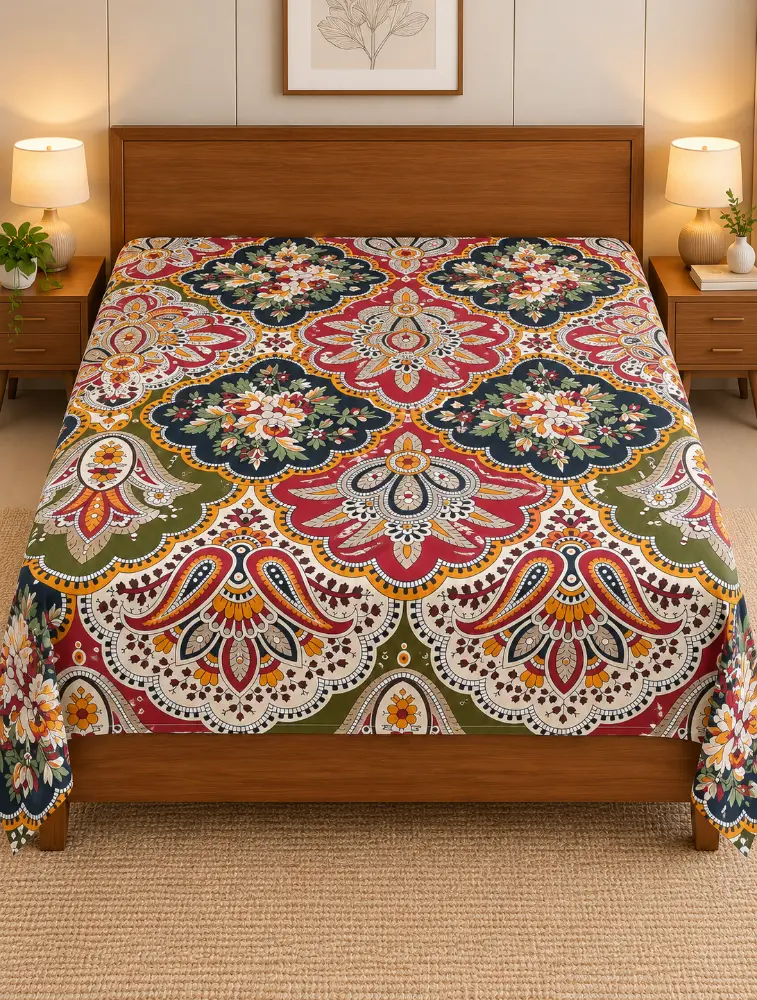 Multicolour Cotton Printed Double Bed King Size Bedsheet
