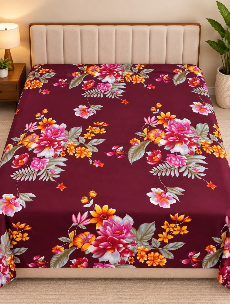 Dark Maroon Cotton Printed Double Bed King Size Bedsheet