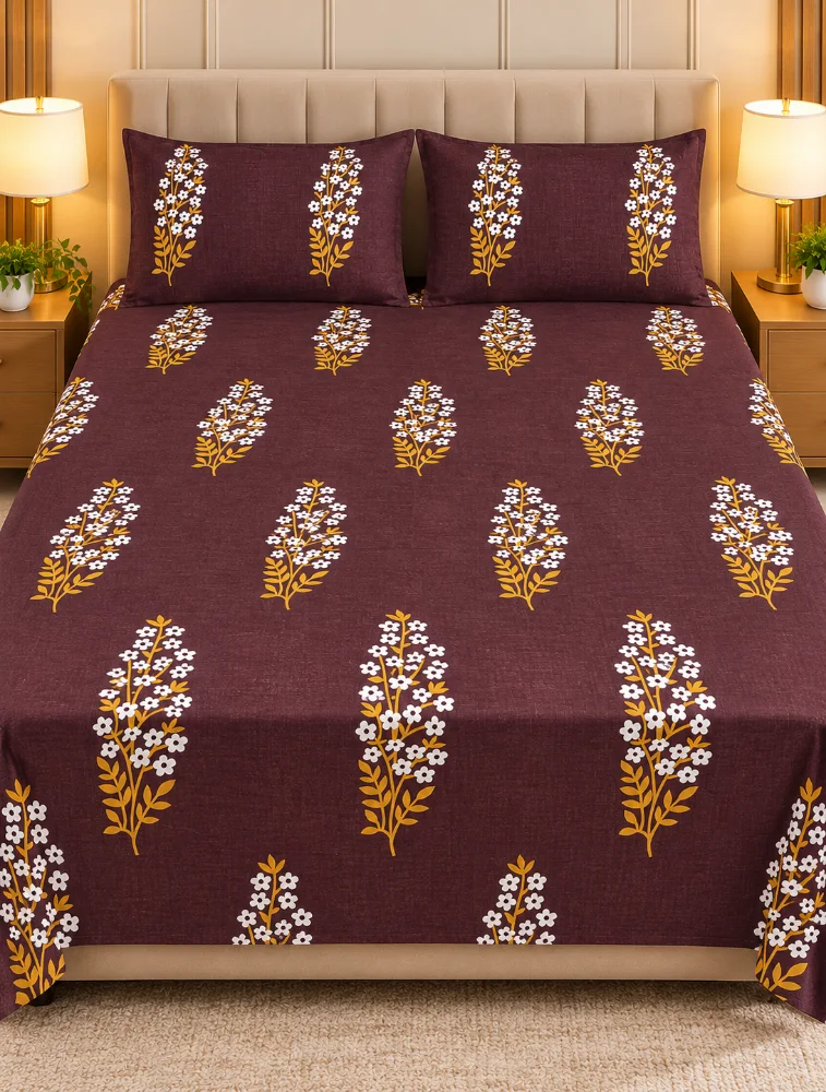 Dark Maroon 90 x 100 Inches Cotton Printed Double Coat Queen Size Bedsheet with 2 Pillow Covers