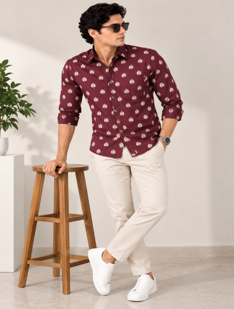 Dark Maroon Mens Premium Slim Fit Printed Shirt