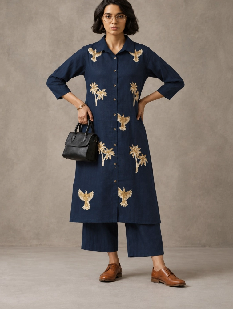 Dark Navy Blue Womens Embroidered  Kurta with Pant Set  