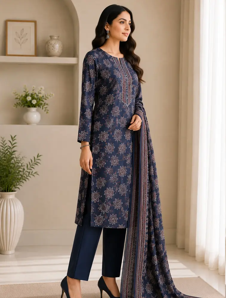 Dark Navy Blue Womens Floral Printed Vertican Fabric Kurtha Set With Dupatta