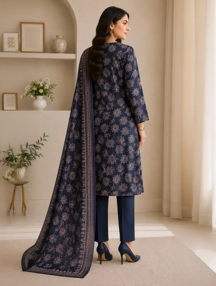 Dark Navy Blue Womens Floral Printed Vertican Fabric Kurtha Set With Dupatta