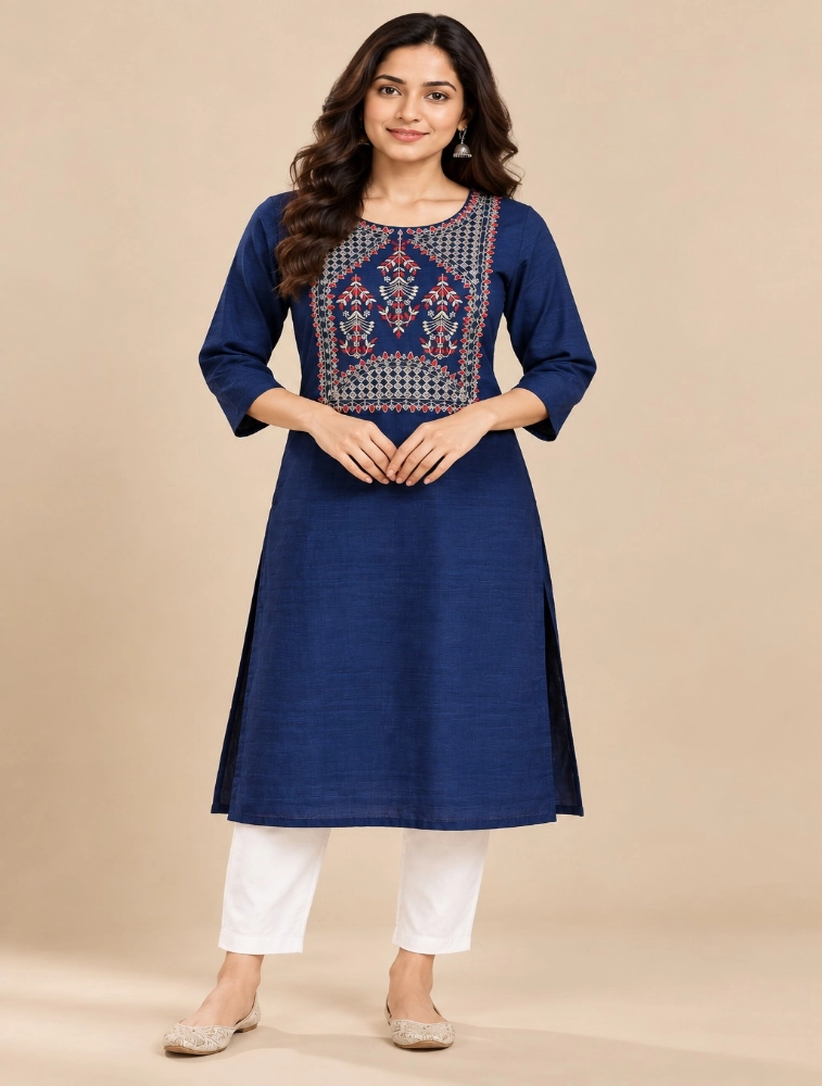 Dark Navy Blue Womens Graceful Ethnic Embroidered Kurta