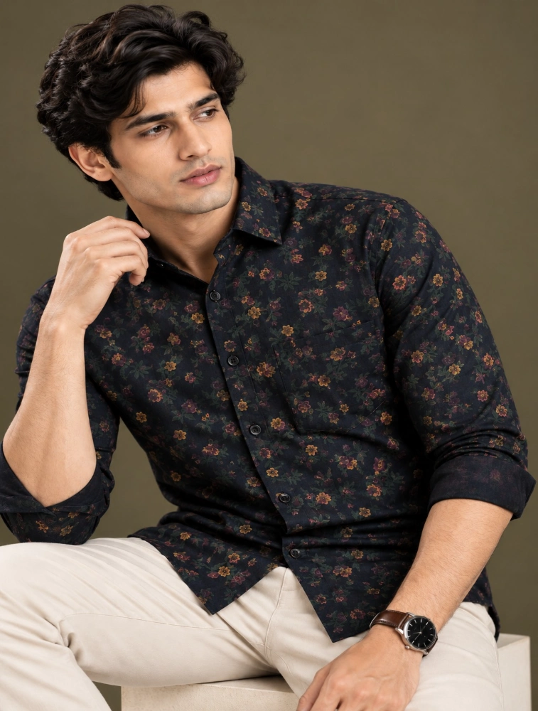 Dark Navy Mens Premium Slim Fit Printed Shirt