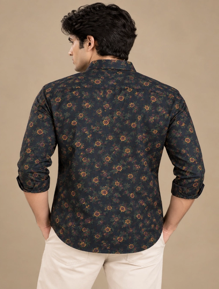 Dark Navy Mens Premium Slim Fit Printed Shirt
