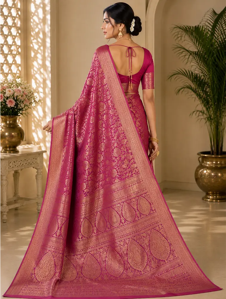 Dark Plum Womens Premium Tissue Brocade 3 Card Saree
