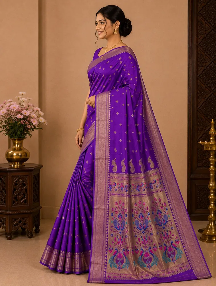 Dark Plum Purple Womens Premium Semi Paithani Saree