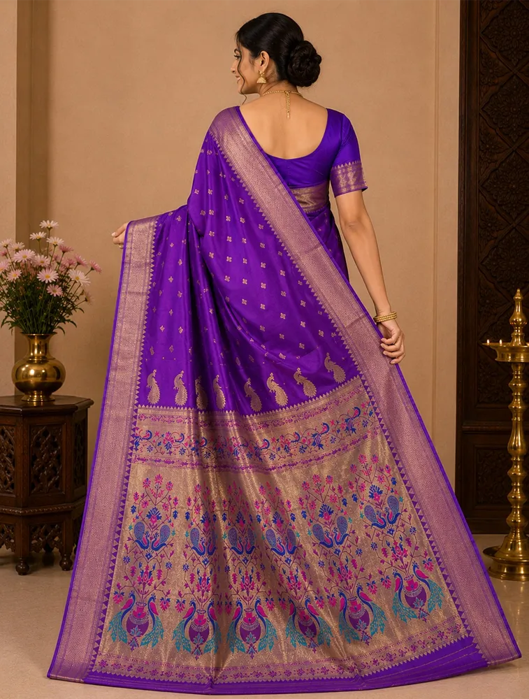 Dark Plum Purple Womens Premium Semi Paithani Saree — bulk from ₹2822