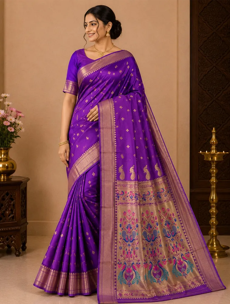 Dark Plum Purple Womens Premium Semi Paithani Saree — bulk from ₹2822