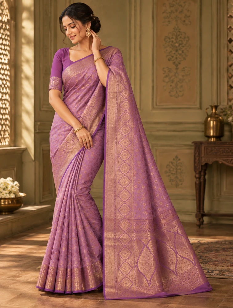Dark Plum Womens Elegant Tissue Brocade Saree with Rich Zari Border