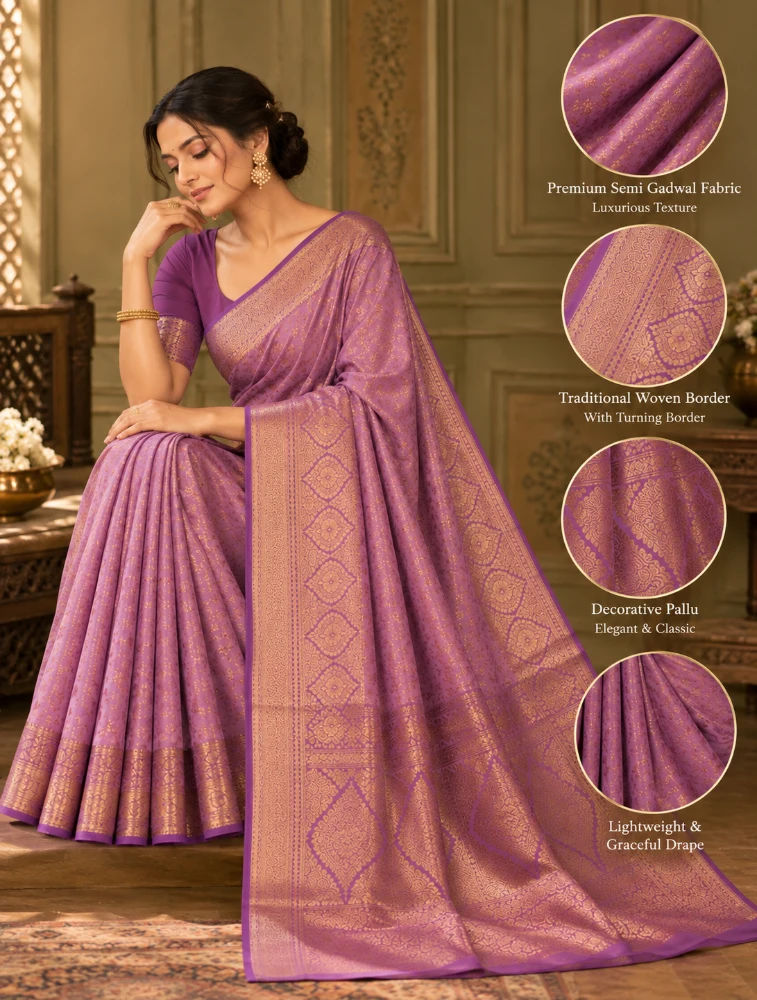 Dark Plum Womens Elegant Tissue Brocade Saree with Rich Zari Border