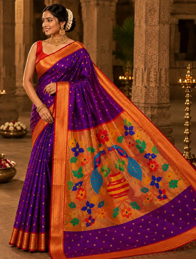 Dark Plum Womens Premium Semi Paitani sarees With Munia Border