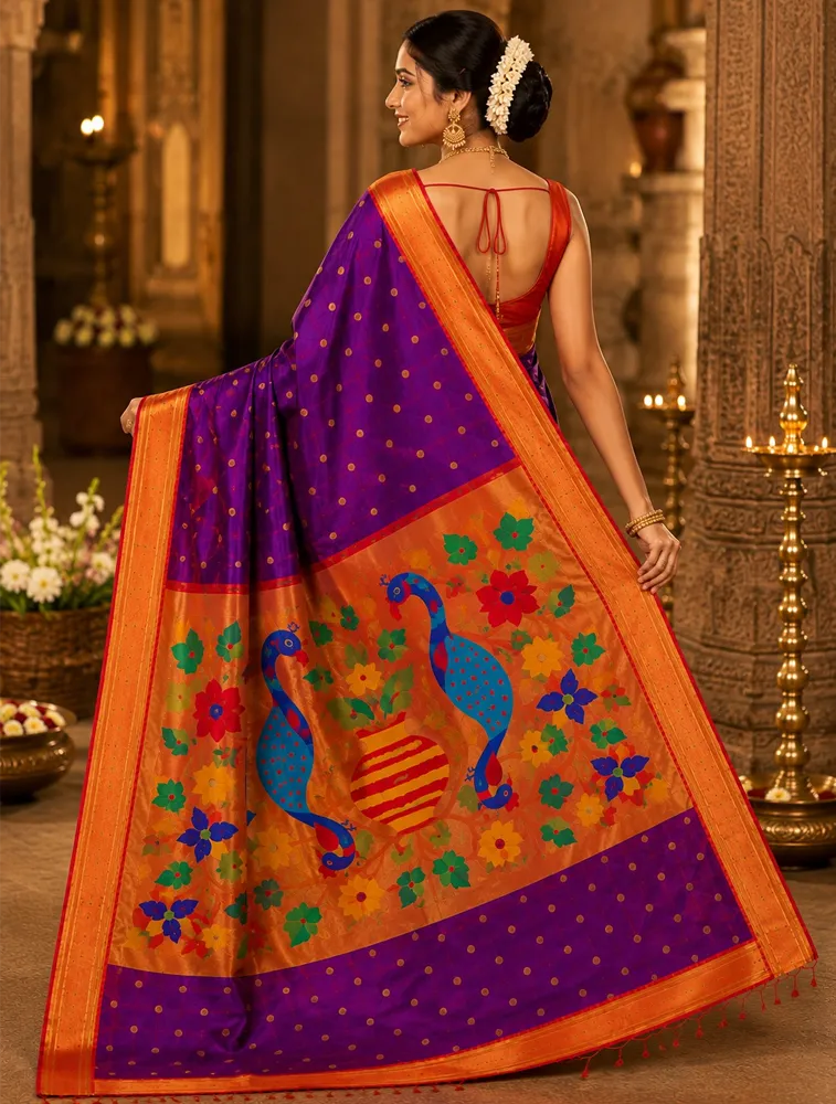 Dark Plum Womens Premium Semi Paitani sarees With Munia Border  