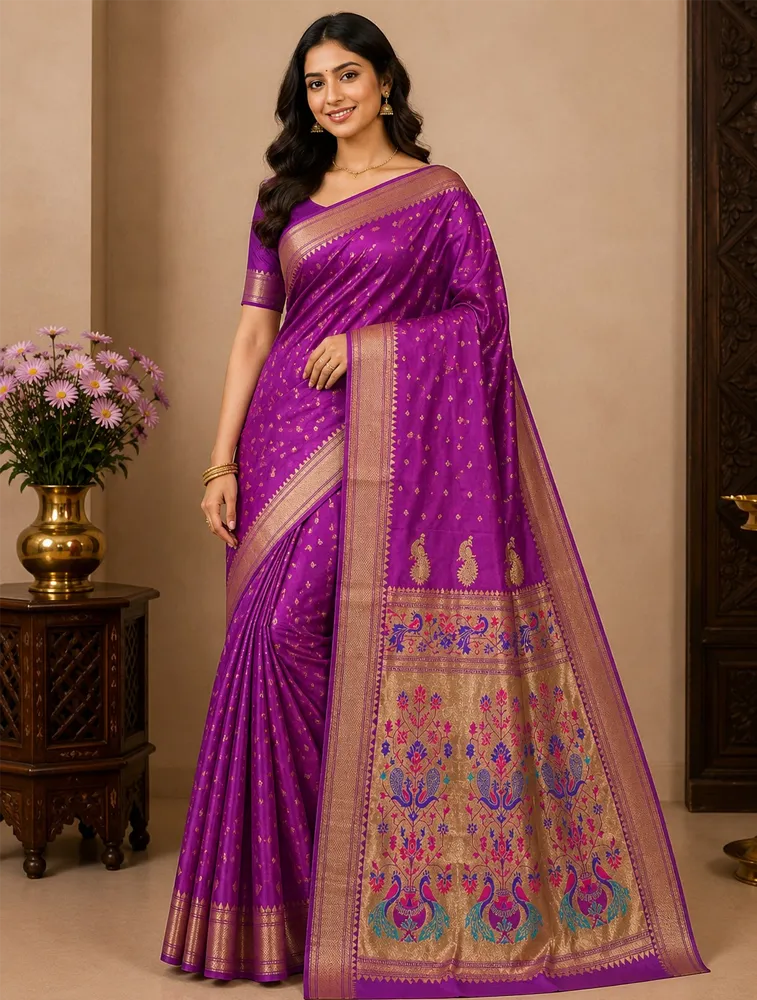 Dark Plum Womens Premium Semi Paithani Saree 