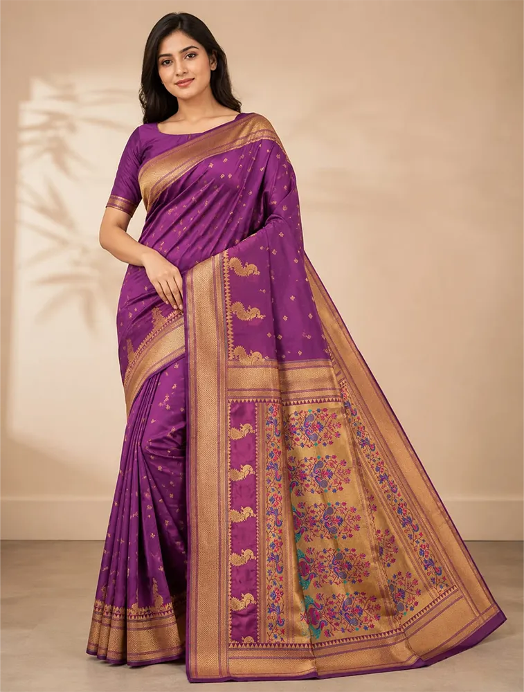 Dark Plum Womens Premium Semi Paithani Saree