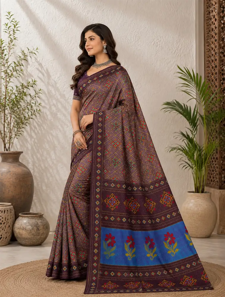 Dark Plum Womens Printed Soft Silk Saree 