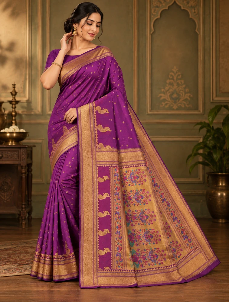 Dark Plum Womens Royal Semi Paithani Saree with Elegant Zari Detailing