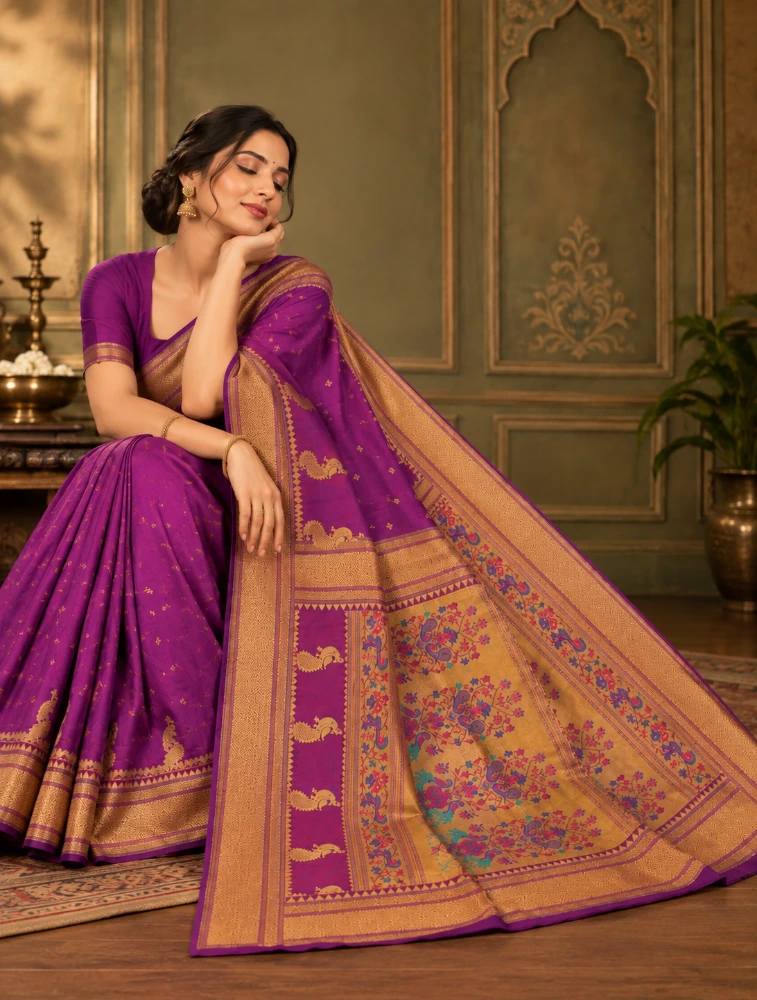 Dark Plum Womens Royal Semi Paithani Saree with Elegant Zari Detailing
