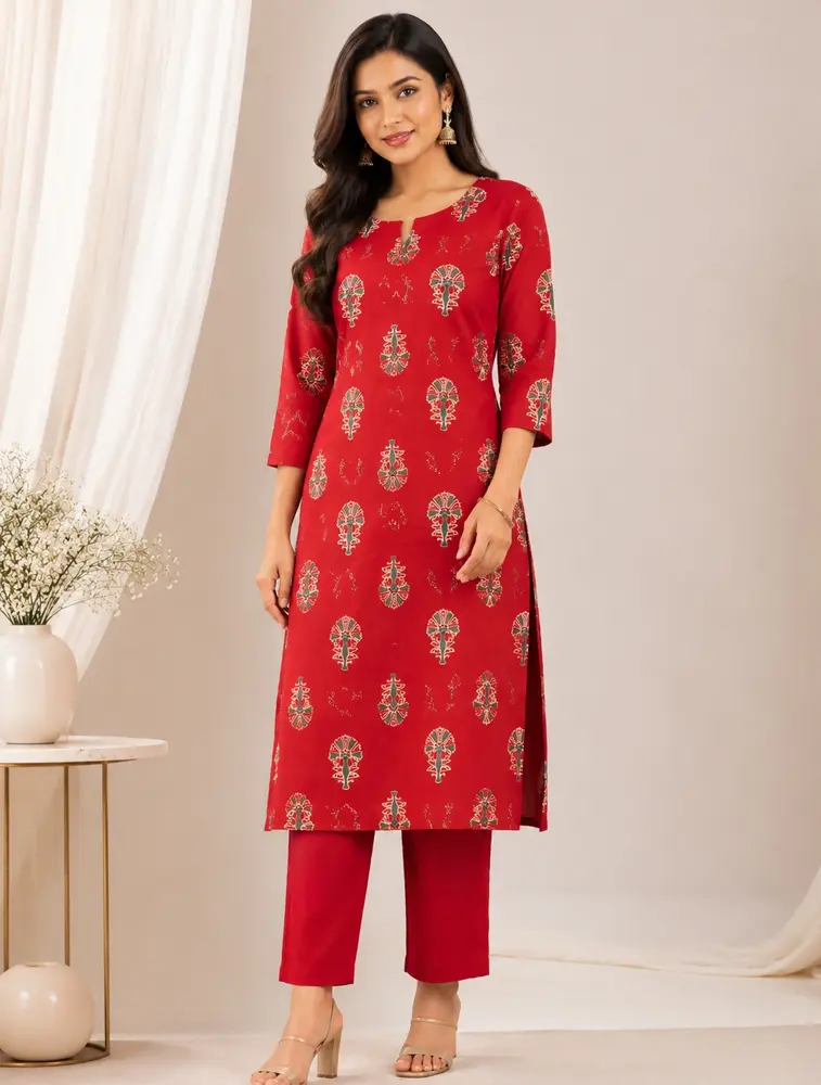 Dark Red Womens Printed Cotton Kurtha Set 