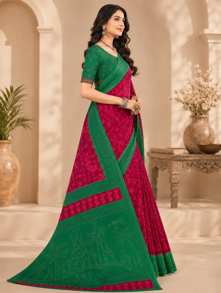 Dark Red Womens Printed Soft Silk Saree 