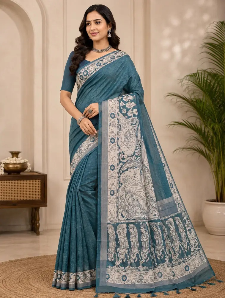 Dark Slate Grey Womens Printed Luxury Kalamkari Saree