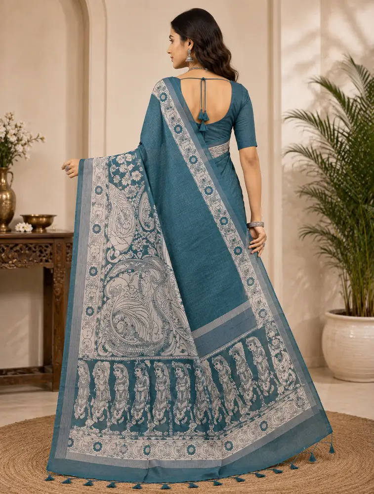 Dark Slate Grey Womens Printed Luxury Kalamkari Saree — bulk from ₹1664