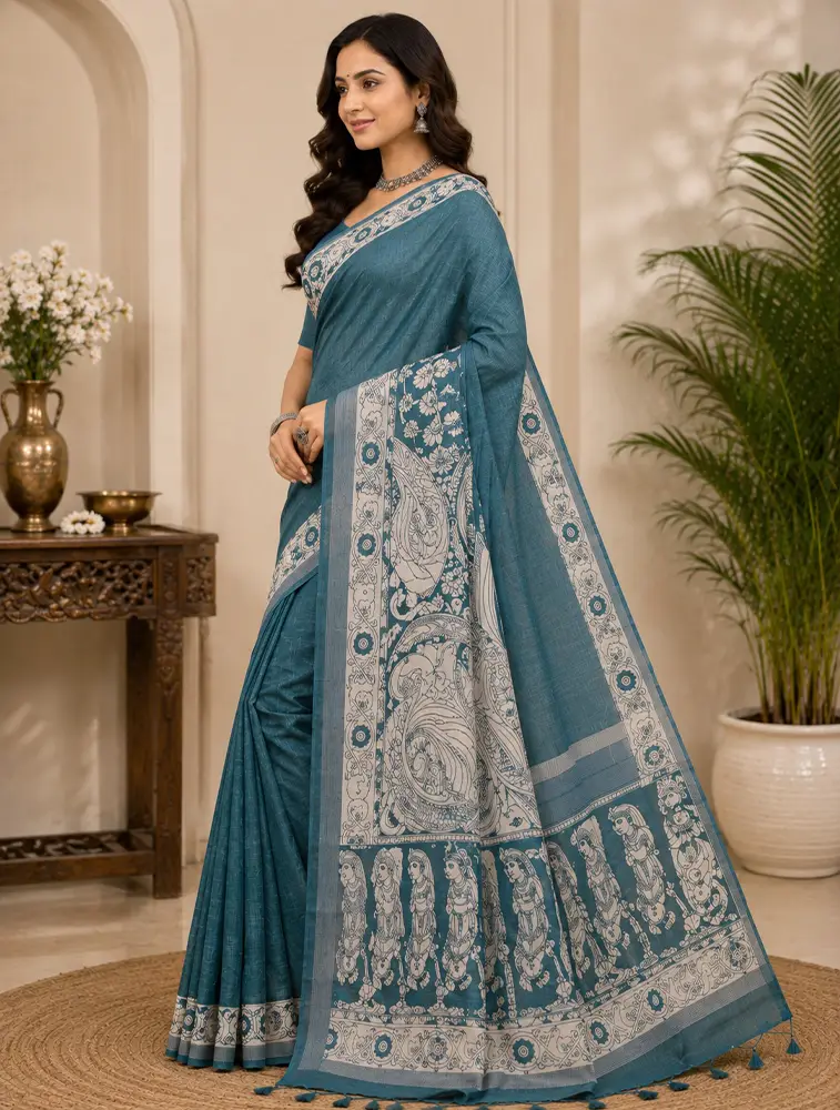 Dark Slate Grey Womens Printed Luxury Kalamkari Saree
