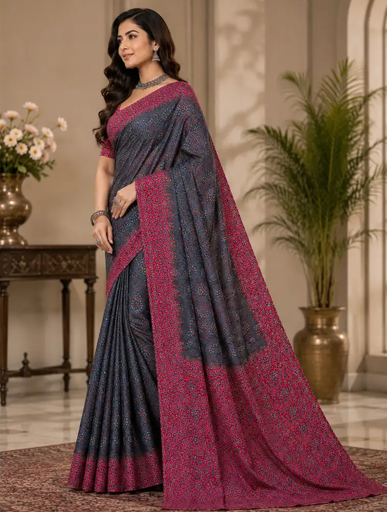 Dark Slate Grey Womens Printed Soft Silk Saree 