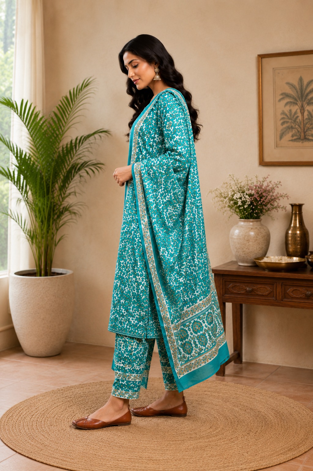 Dark Teal Green Womens Printed Cotton Kurta Set with Dupatta