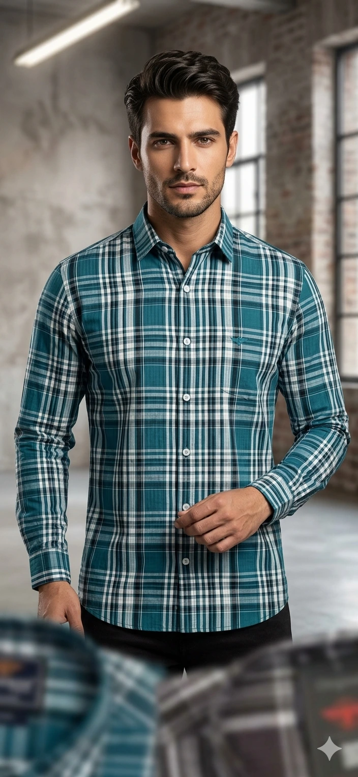 Dark Turquoise Checks and White Men's Cotton Full Sleeve Check Shirt