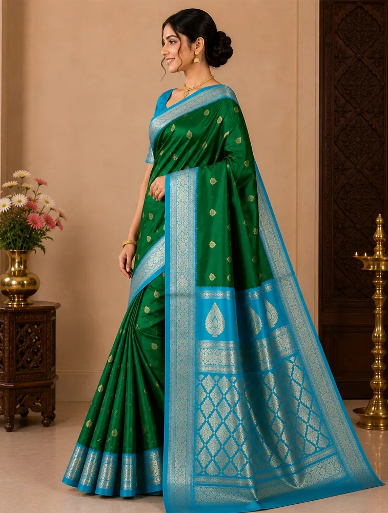 Dark green Womens Premium Semi Gadwal Saree