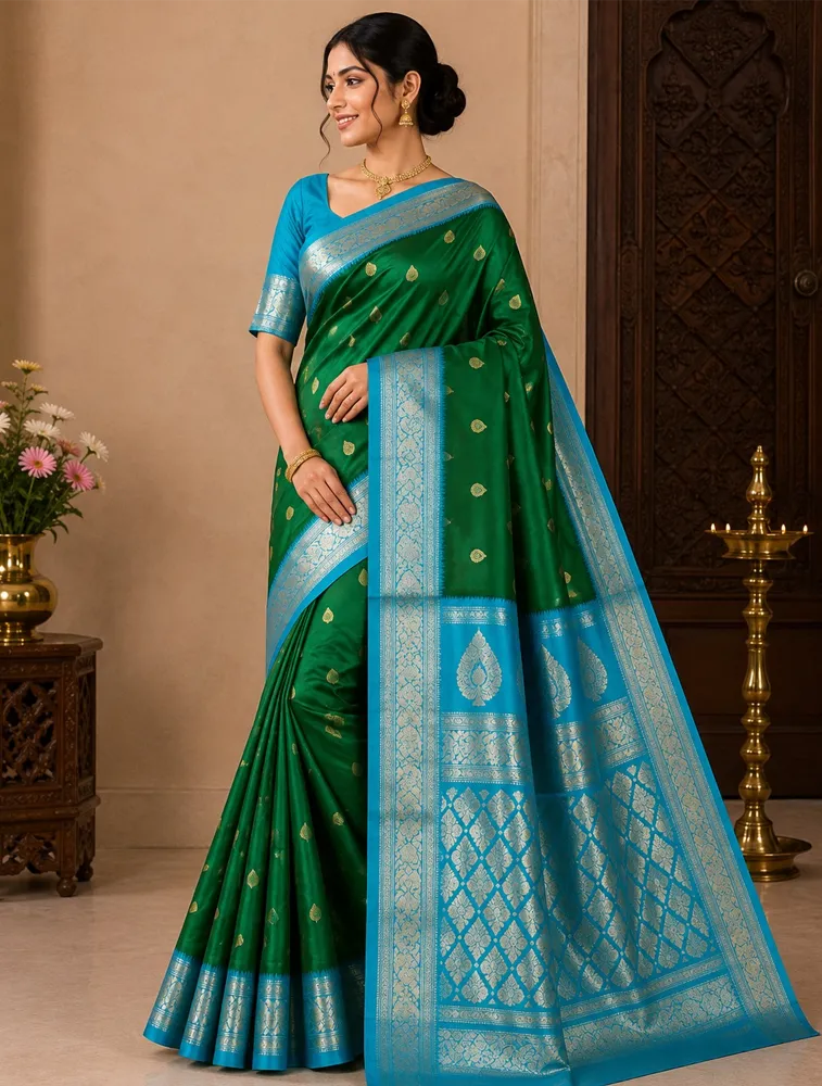 Dark green Womens Premium Semi Gadwal Saree  